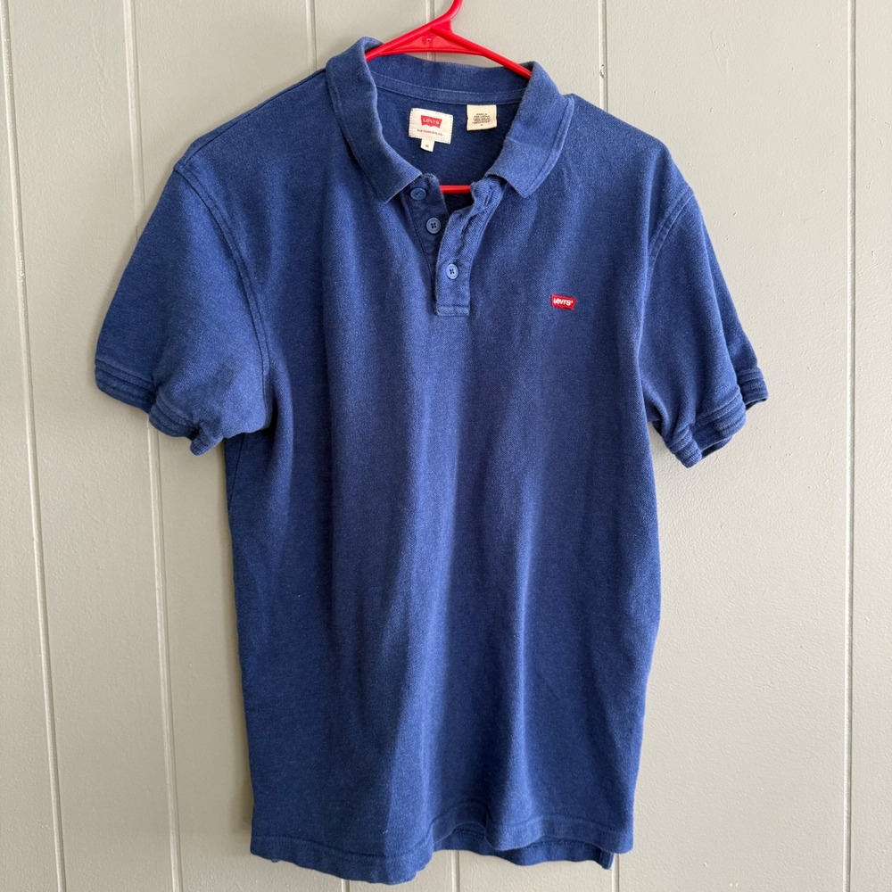 Levis Mens Blue Short Sleeve Pique Polo Shirt Medium Red Tab Cotton Americana